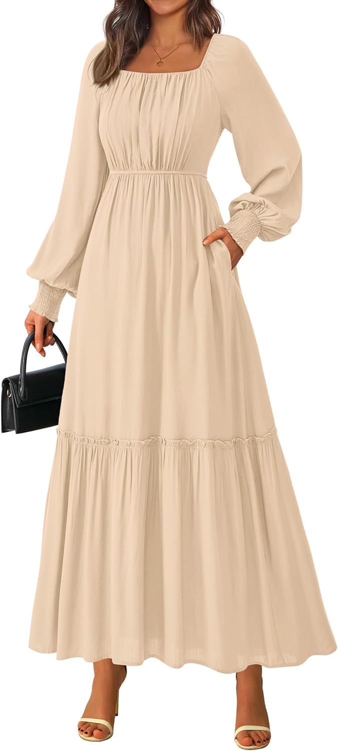 KIRUNDO Casual Fall Dresses for Women 2026 Flowy Long Sleeve Maxi Dress Smocked Empire Waist Square Neck Wedding Party