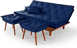 Sofa Cama Reclinavel Caribe Com Duas Banquetas Rubi Suede Azul Marinho