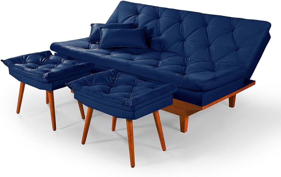 Sofa Cama Reclinavel Caribe Com Duas Banquetas Rubi Suede Azul Marinho