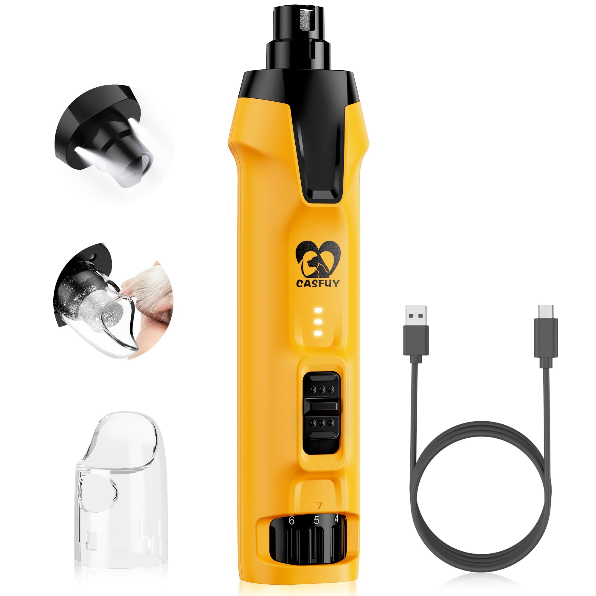 Casfuy 6-Speed Dog Nail Grinder – 50%+ Boost Power Dog Nail Trimmers Quiet with Dust Cap & 2 LED Lights & 2000mAh Battery & 4.8V Motor Electric Pet Toenail File Tool for Large Medium Small Dogs Cats