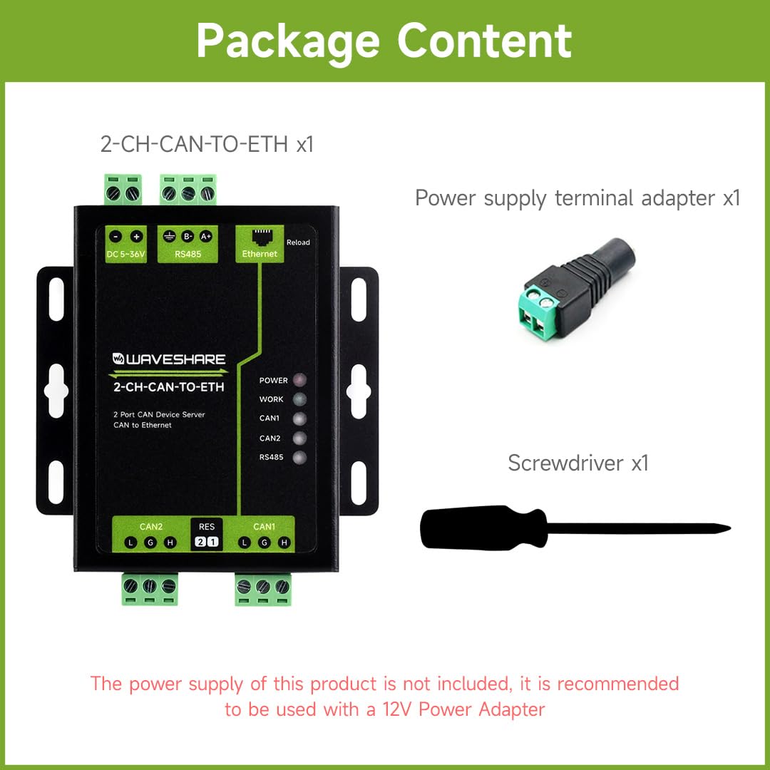 Waveshare 2-Channel CAN Bus to Ethernet Gateway Server RS485 Industrial Protocol Converter DIN-Rail