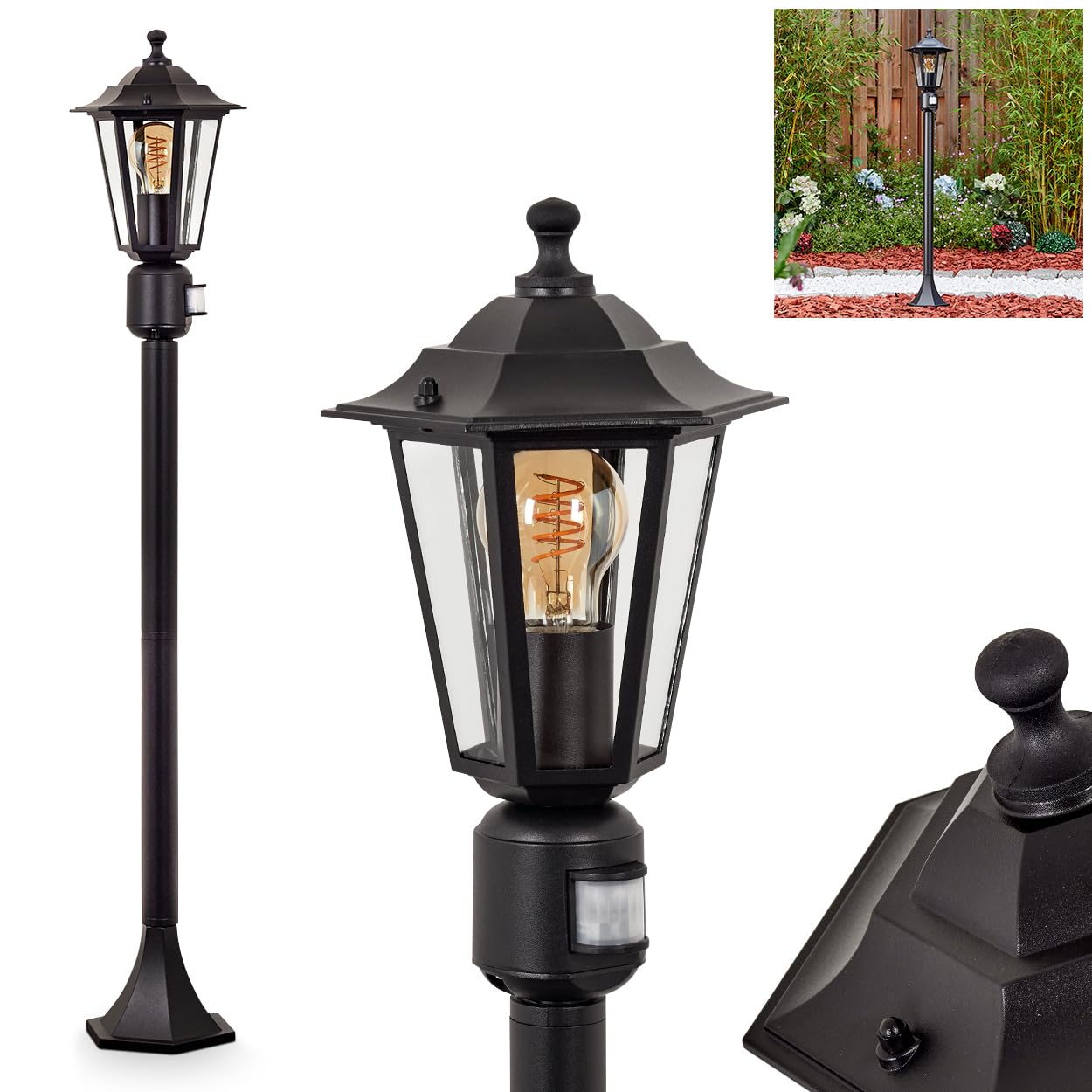 HOFSTEIN Lampadaire extérieur Loria avec détecteur de mouvement, lampe d'extérieur en métal/verre noir/transparent, lampe de chemin au design antique/rustique/vintage pour jardin, extérieur, cour, 107