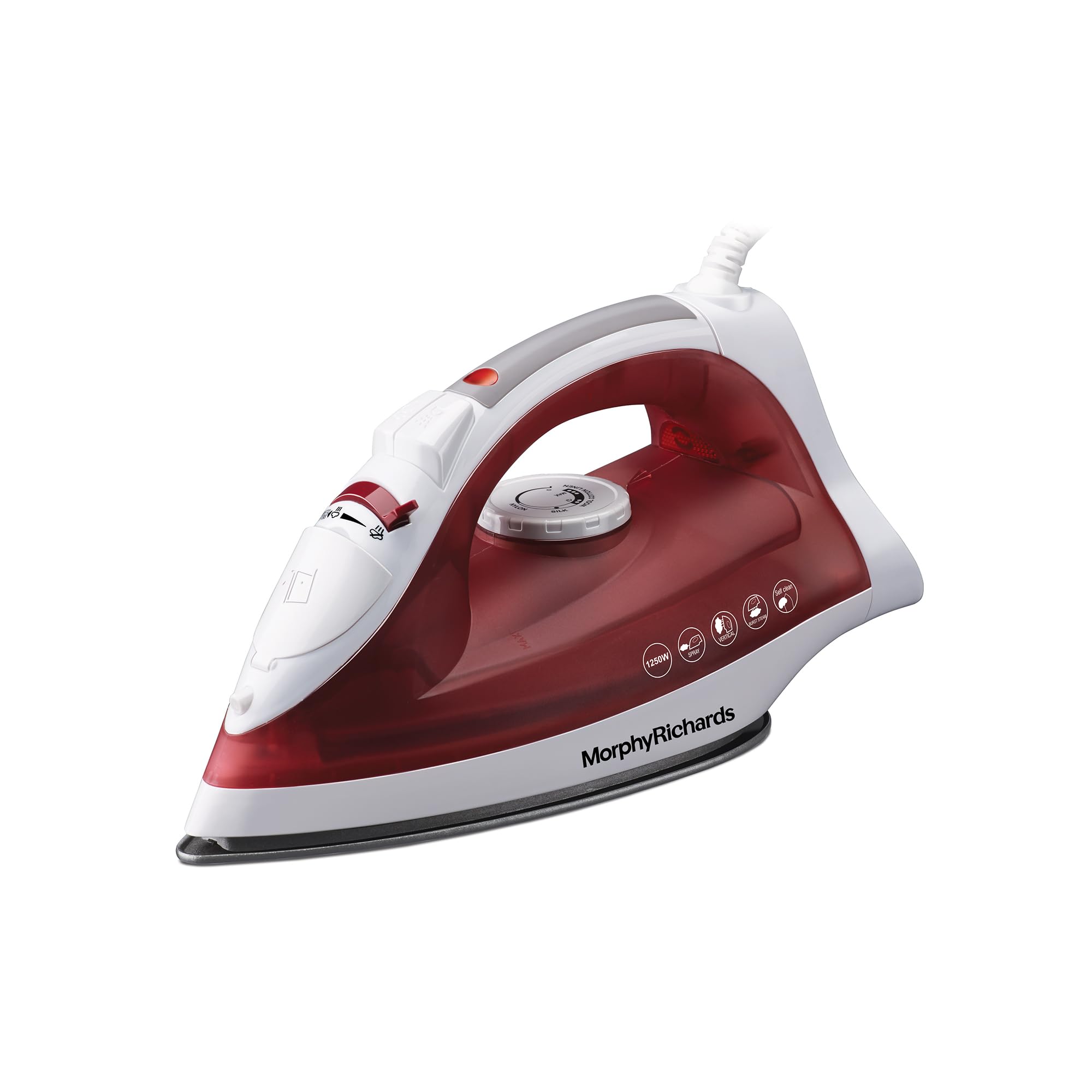 Morphy Richards Glide 1250W Steam Iron with Steam Burst, Vertical and Horizontal Ironing, Non-Stick Coated Soleplate, White and Red-image-3