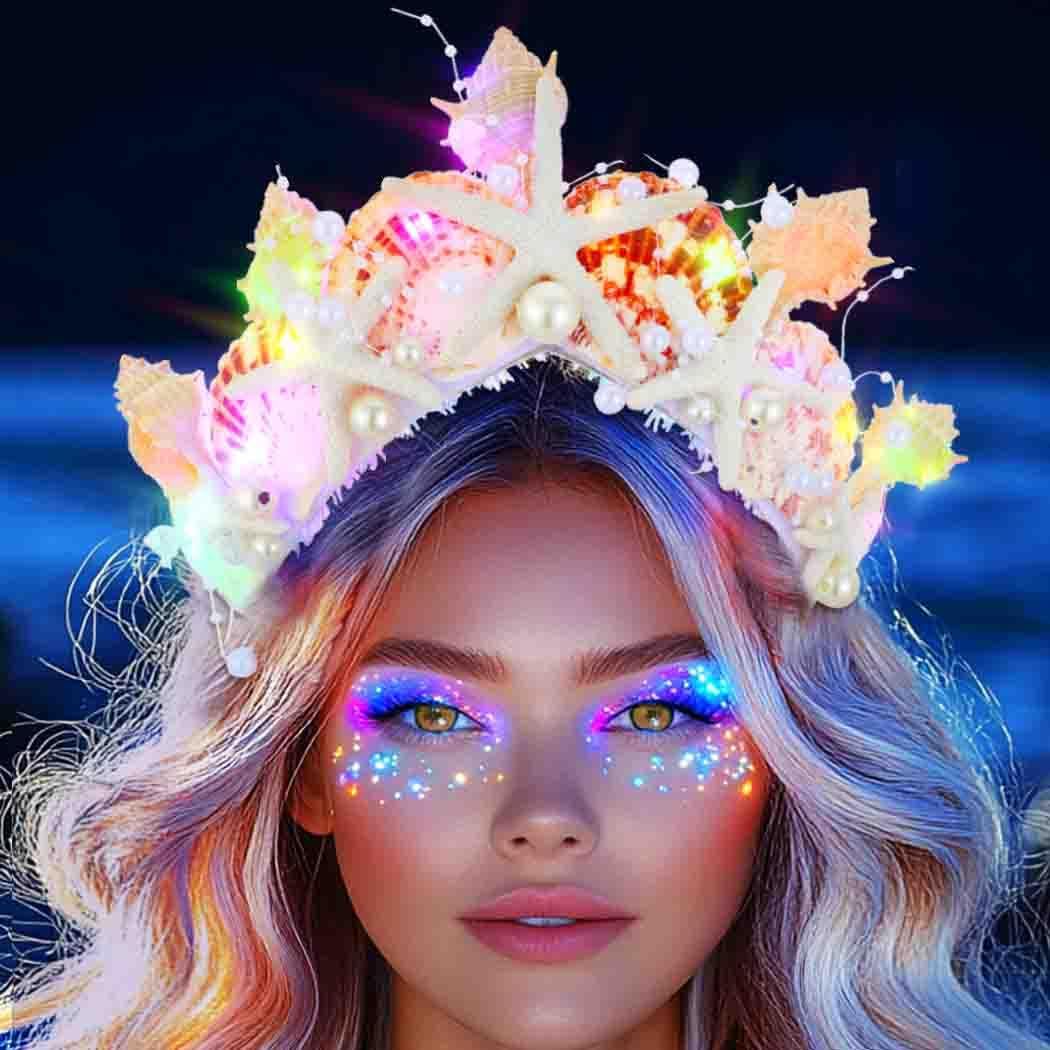 DRESBE Light Up Starfish Tiara and Crown LED Seashell Conch Headband Summer Beach Mermaid Hair Accessories for Women