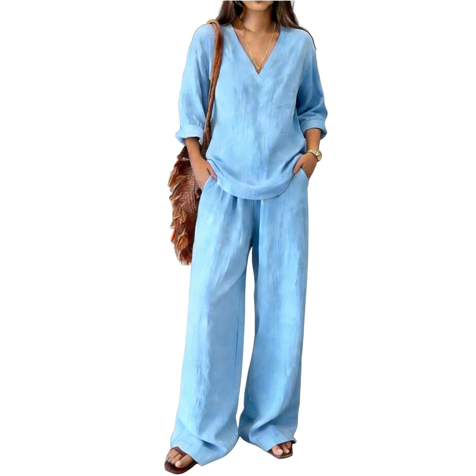 Survêtement de loisirs pour femme - Grandes tailles - Baggy - Survêtement d'été long élégant - 2 pièces - Taille courte - Survêtement de sport - Tenue de sport légère - Vêtement d'intérieur