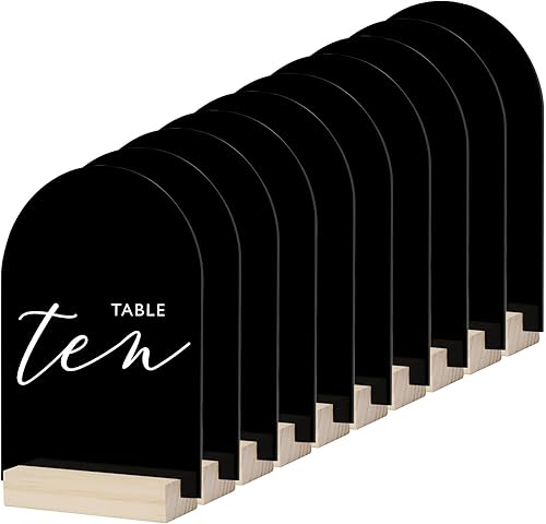 Cartel de mesa de acrílico de arco negro con soporte de madera, paquete de 10 hojas acrílicas arqueadas en blanco con base, letrero acrílico en
