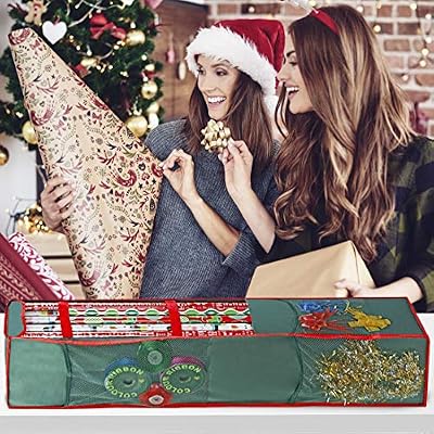 ProPik Christmas Hanging Wrapping Paper Storage Bag Organizer Swivel Hanger Multiple Pockets and Loops Holds 25 Rolls 40 Inch Plus Space for Ribbons Bows and Gift Wrap Folds Flat (Green)