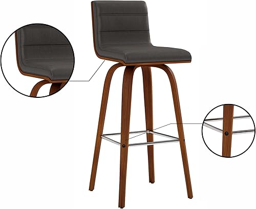 Miniatura 11 de Armen Living Vienna - Taburete de altura de barra de 30 pulgadas de estilo Mid-Century Modern en piel sintética y acabado en madera, gris/nogal Piel