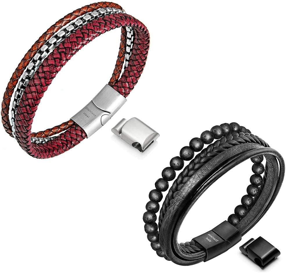 Speroto Mens Bracelets,leather and steel bracelets,black and red bracelets for men in 8.7inch