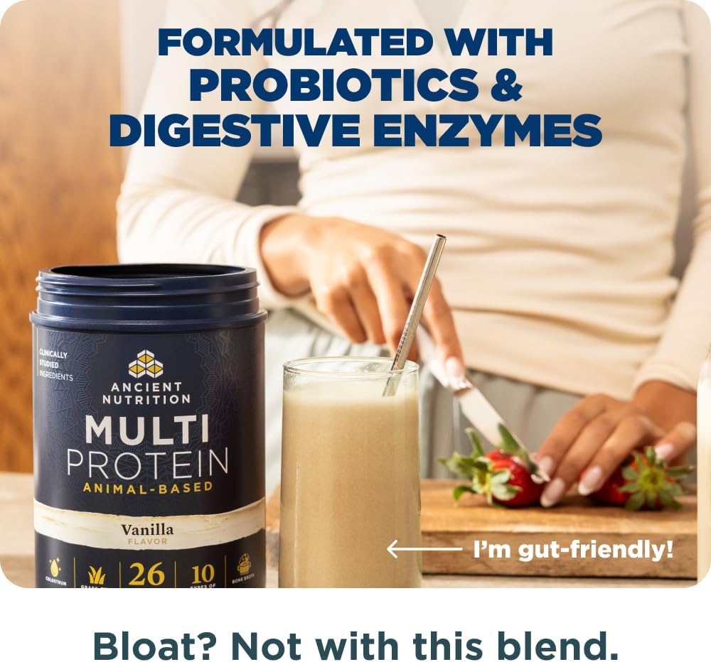 Ancient Nutrition Multi Protein Animal Based Powder, 26g Protein, Grass Fed Whey, Bone Broth, Collagen Peptides, Colostrum & Probiotics, Supports Joint & Gut Health, Vanilla, 15 Servings