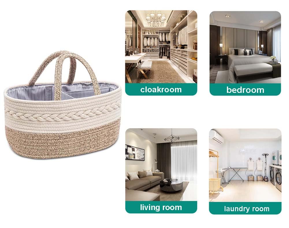 kamuavni Large Cotton Rope Diaper Caddy Boho Diaper Storage Portable Car Organizer with Removable Divider Unisex Woven Nursery Storage Bins With Handles