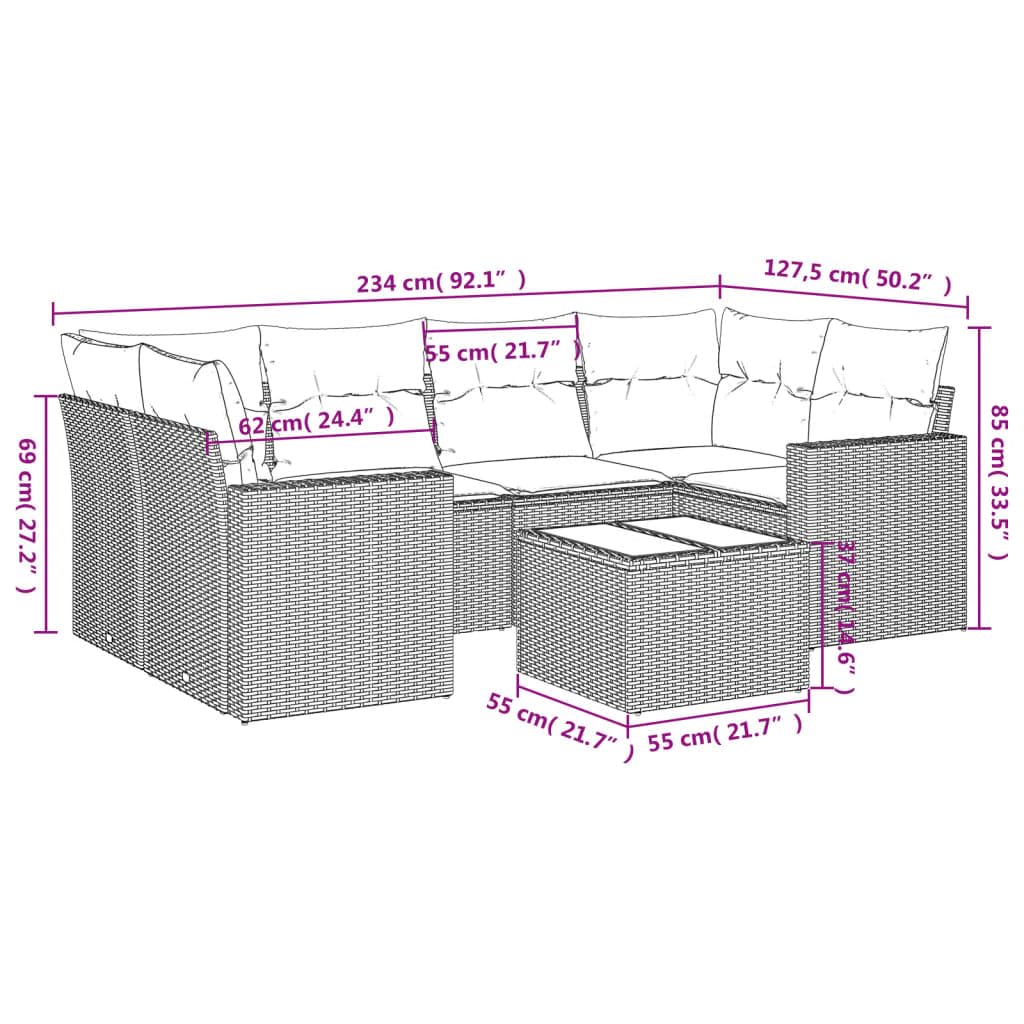 Set Salotto da Giardino 7 Pezzi in Rattan PE Grigio Chiaro | Salotto modulare per patio e terrazzo con tavolo in vetro temperato e comodi cuscini sfoderabili con morbida imbottitura.
