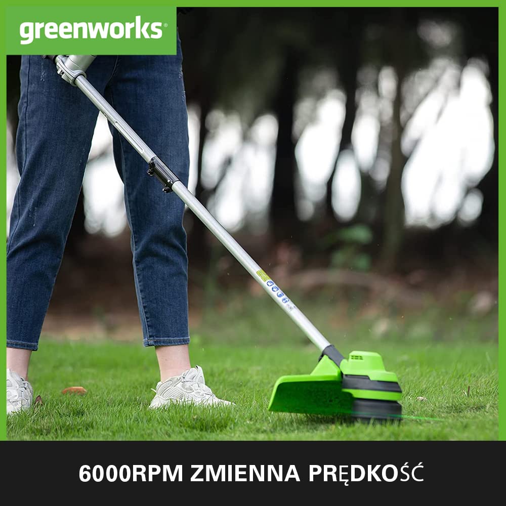 Greenworks GD24X2BCBK4x Akumulatorowa Kosa z Silnikiem Bezszczotkowym, Szelki, Uchwyt Rowerowy, 38 cm Szerokość Cięcia, 2 mm Żyłka Nylonowa, 25 cm Ostrze, 2x Bateria 24V 4Ah i Ładowarka