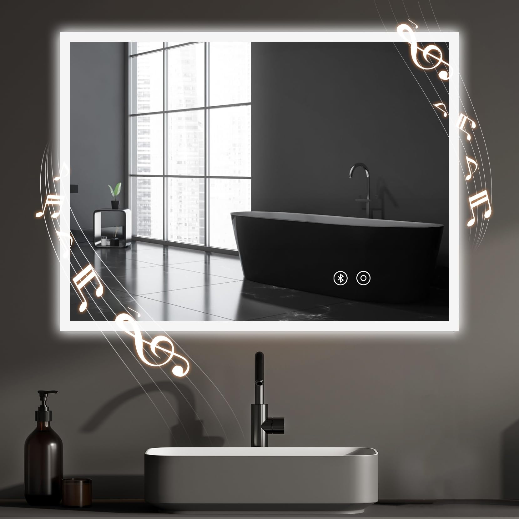 YOLEO Bluetooth Bathroom Mirror with LED Lights, 800x600mm Illuminated Bathroom Mirror, Wall Mounted Vanity Mirror with 3 Colors Dimmable, Anti-Fog, Touch Switch, Waterproof IP44, Horizontal/Vertical