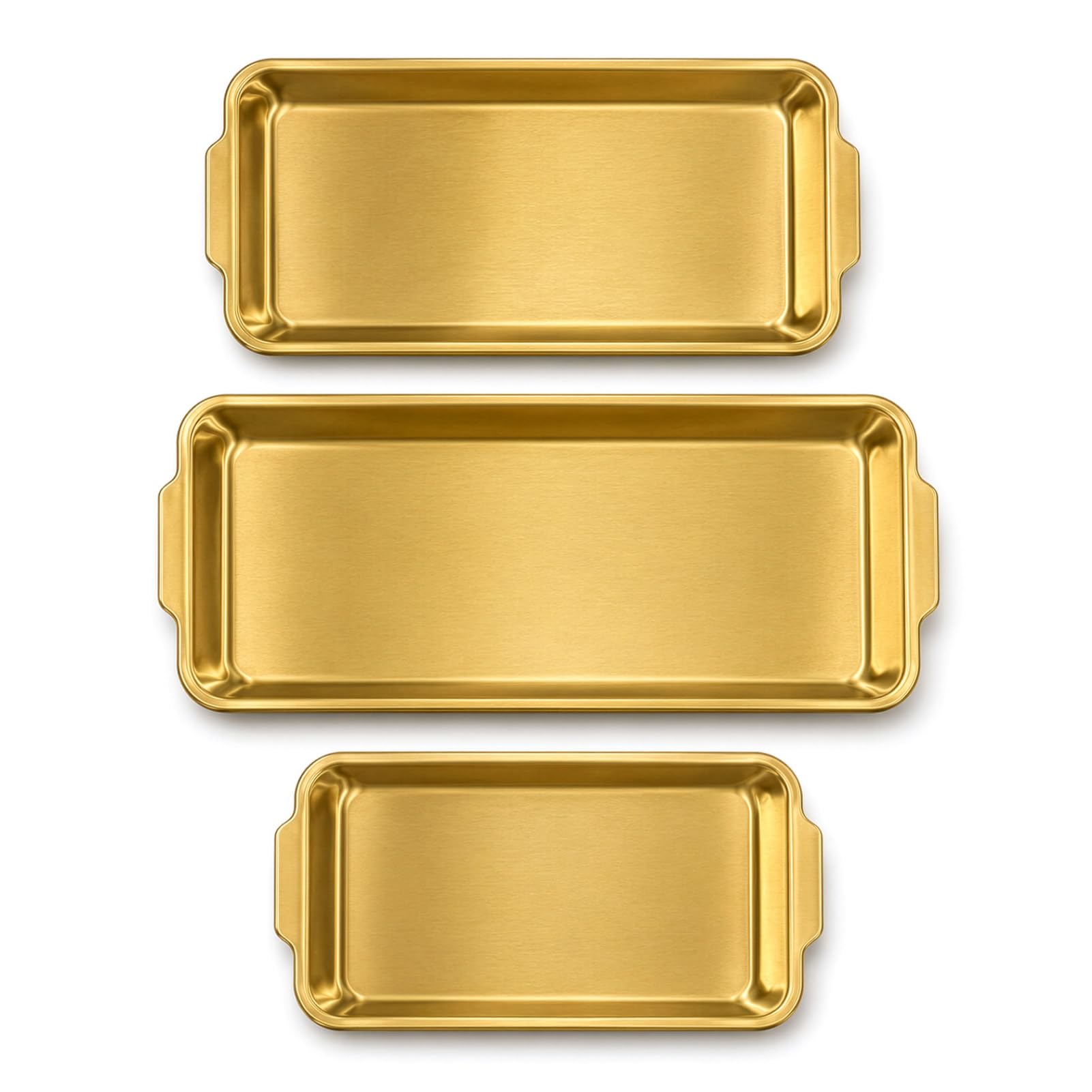 FERNVALE Stainless Steel Serving Tray 3-Piece Set Rectangle Platter with Rounded Edges Food Storage BBQ Baking Pan for Pastry Fruit Dessert Appetizer Indoor Outdoor Entertainment Party Gold