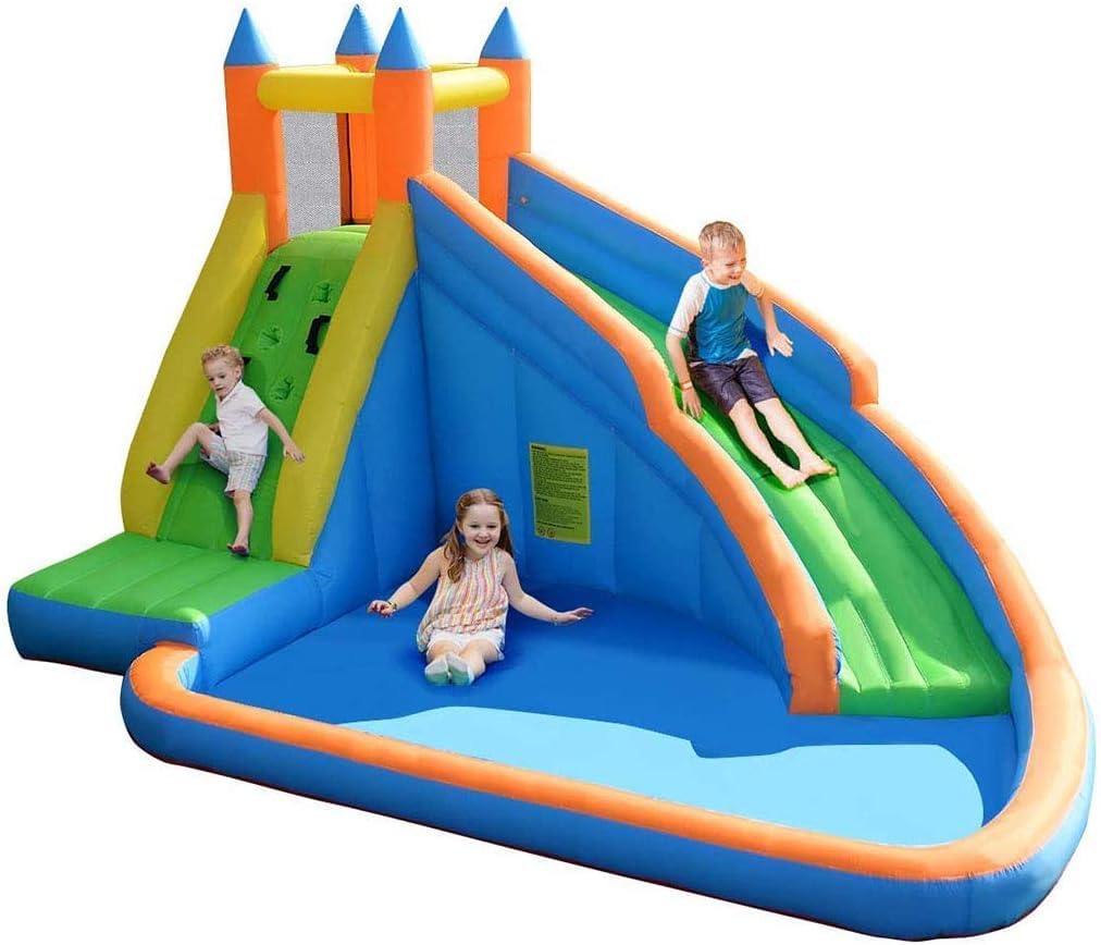 Castillo Inflable con Ventilador Estático, Tobogán, Muro De Escalada, Trampolín, Parque Acuático Infantil, Piscina Infantil, Ideal para Niños.