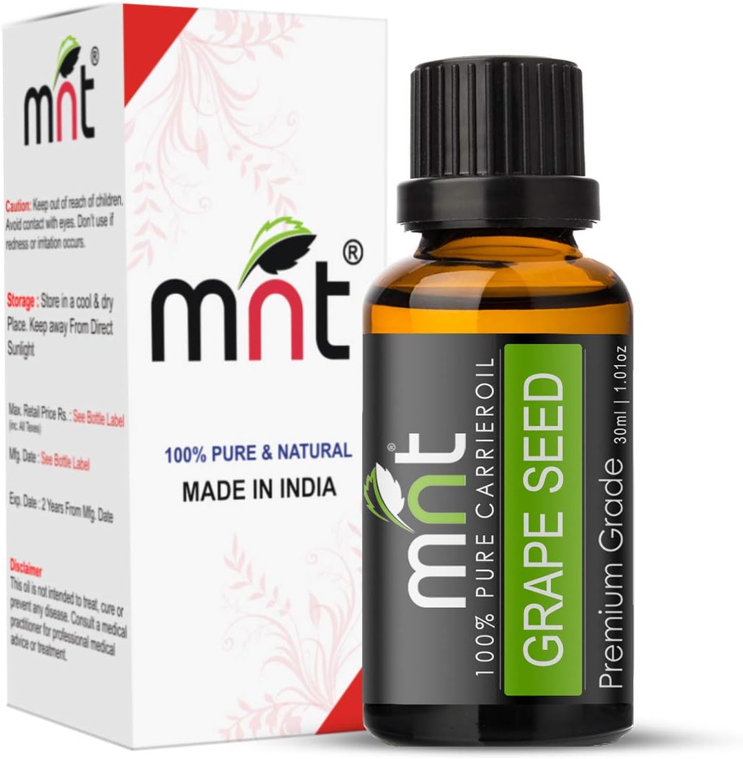 MNT Grape Seed Cold-Pressed Carrier Oil - 100% Pure & Natural Oil for Acne, Face, Body, Healthy Skin and Hair Growth (30ML)