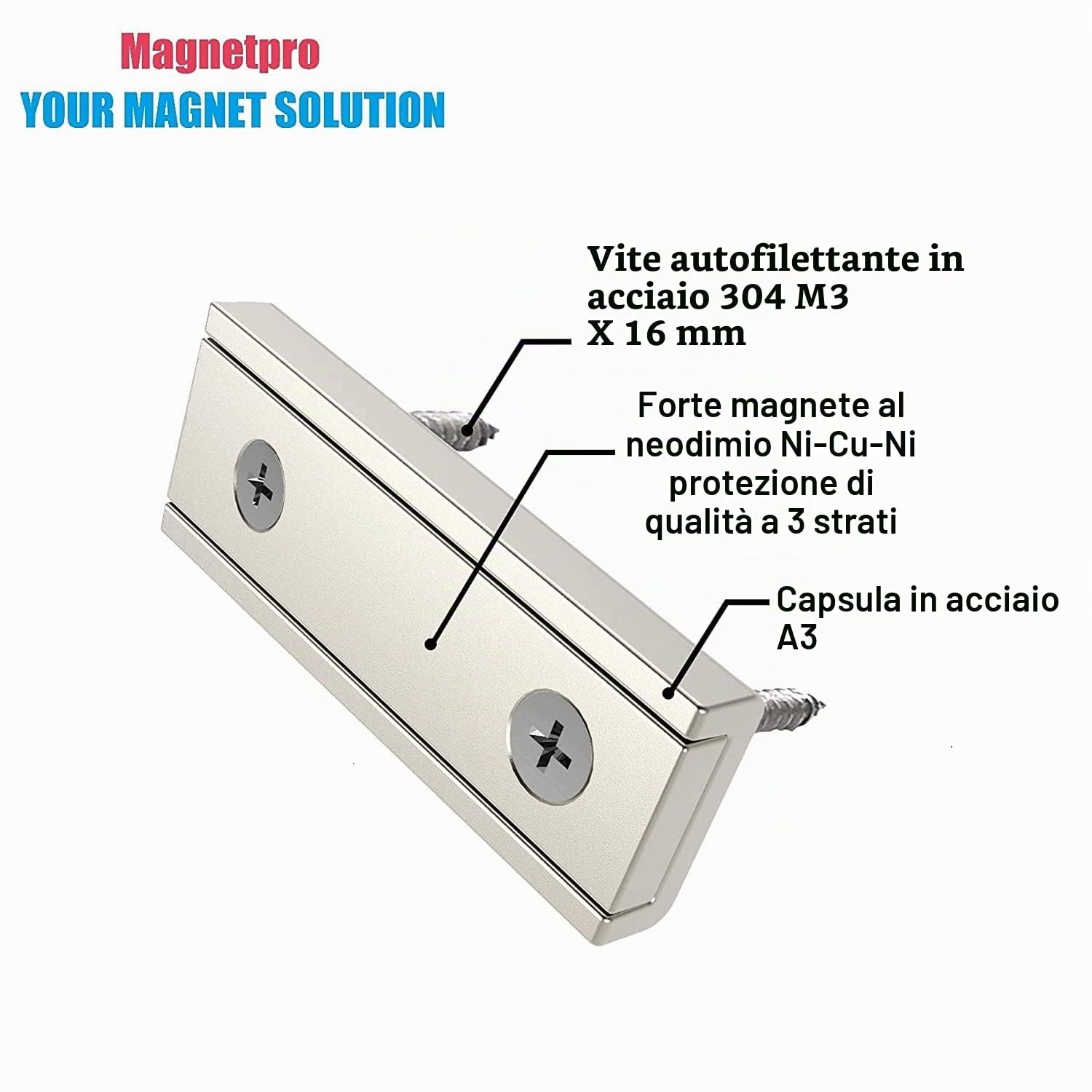 Magnetpro 8 pezzi Magneti rettangolari 20 kg forza 40 x 13,5 x 5 mm con foro svasato e capsula, magnete con base per uso domestico e industriale con viti