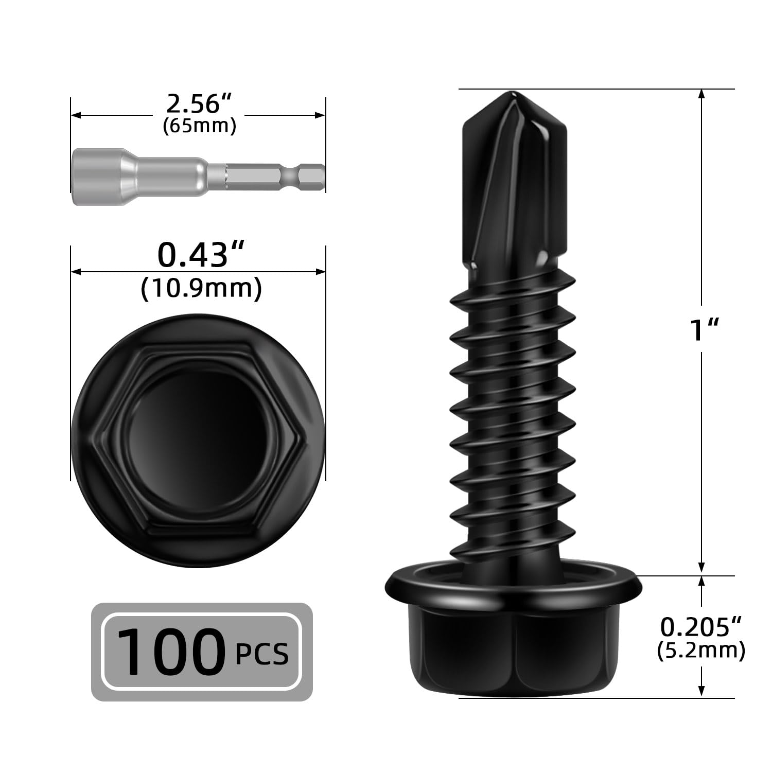 100 PCS #12 x 1 Sheet Metal Screws, Black Hex Washer Head Self Drilling Screw, Flanged Self Tapping Screws, 410 Stainless Steel
