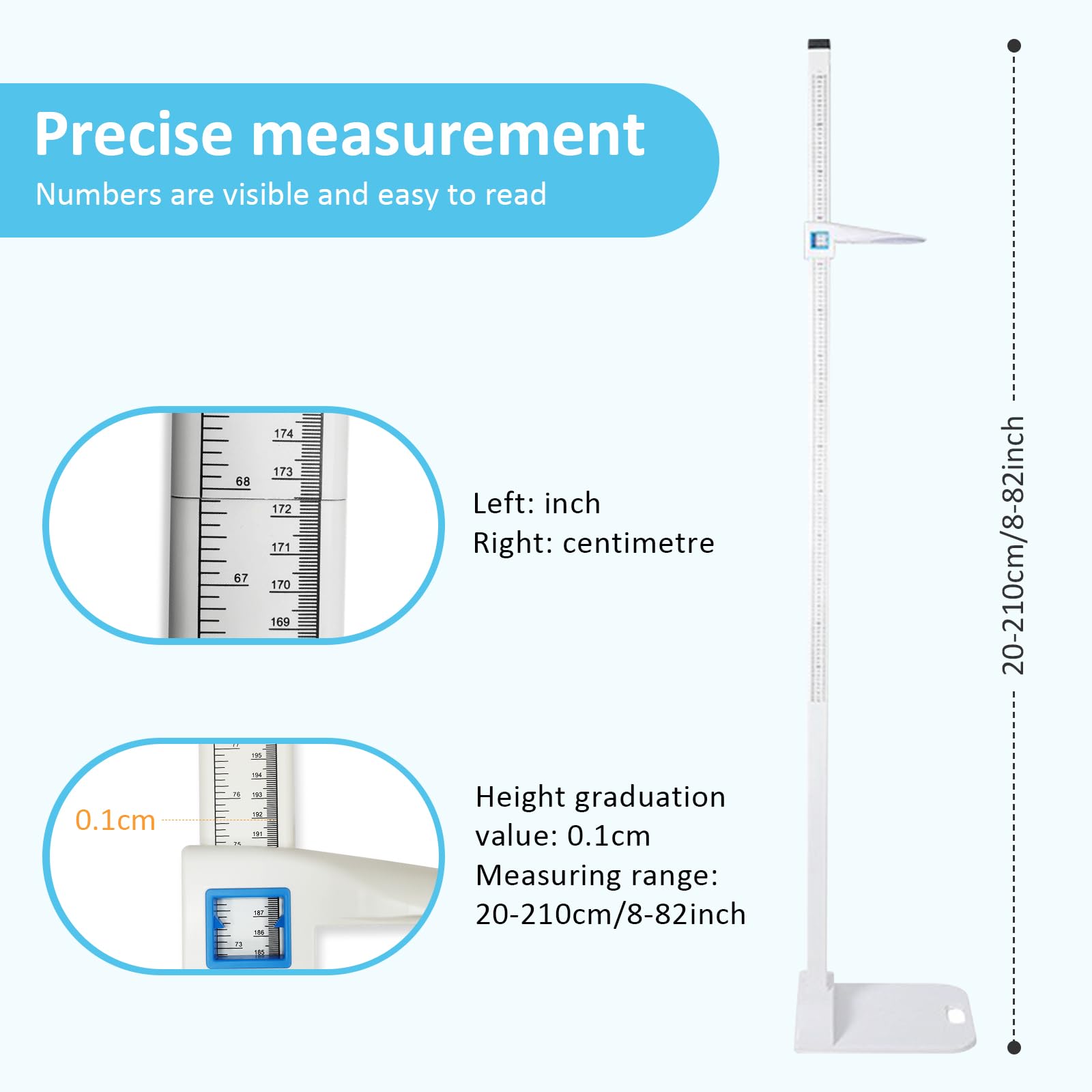 Estadiómetro Portátil Tallímetro 20-210cm, Médico con Pantalla de Doble Escala para Adultos y Niños