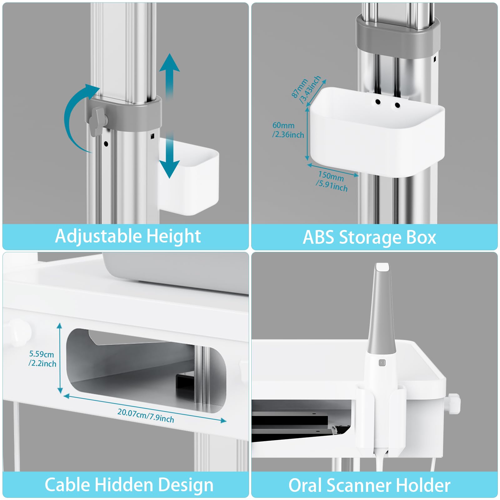 Medical Cart with Laptop Pallet and Oral Scanner Holder, Dental Clinic Cart with Wheels for Hospital Beauty Salon (MTO-3)
