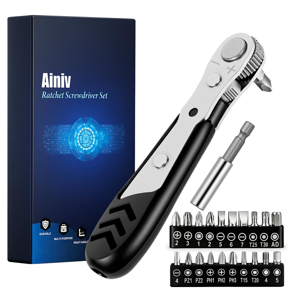 Ainiv 22 Piezas Mini Destornilladores Trinquete, Magnético Ángulo Recto Llave Carraca Pequeña Reversible de 6mm Con 1 Varilla Extensión y 20 Puntas Destornillador, 36 Dientes para Espacios Reducidos