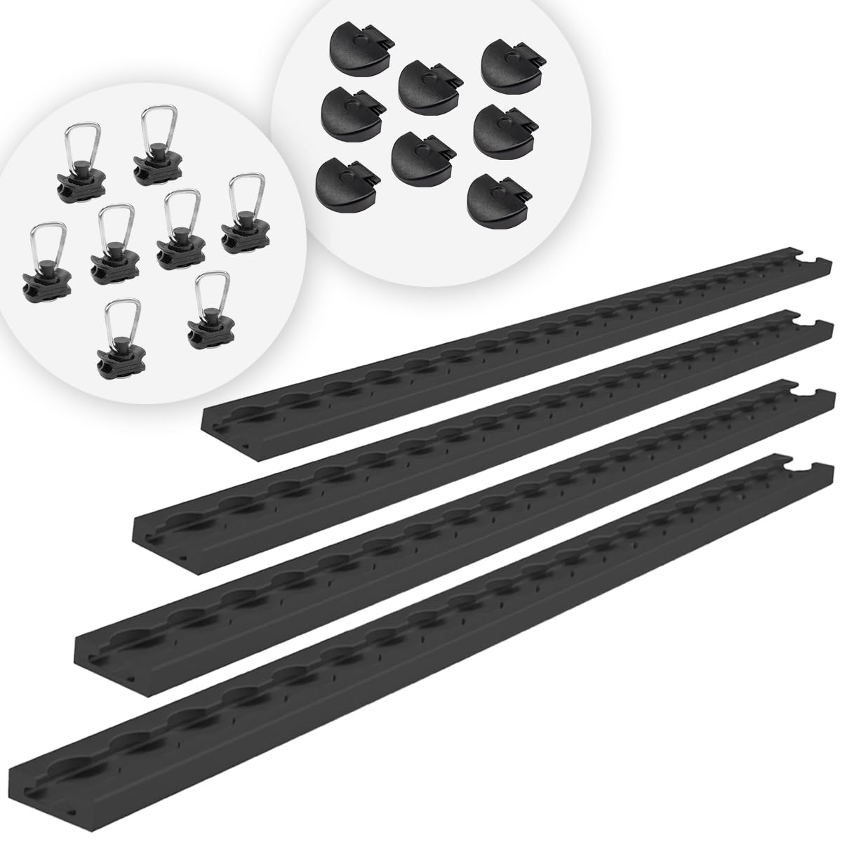 Airlineschienen mit Endkappen und Fittingen, 1.0 m, schwarz KTL-beschichtet, gebohrt, eckig, 34 x 9,6 mm | Zurrschiene | für Transporter, Wohnwagen, Sprinter (Starterset 2.4)