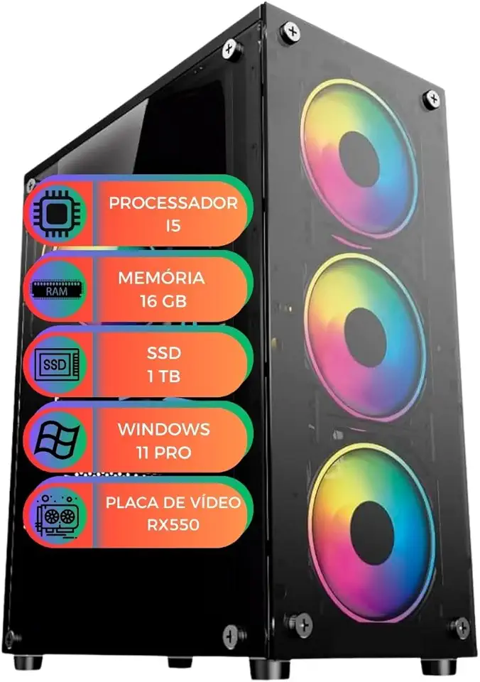 Computador Gamer MultiPC I5 16GB SSD 1TB NVMe RX550 Win11 Pro Ideal para Jogos, Estudos, Home Office e Edição