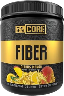 5% Nutrition Core Fiber Powder | Prebiotic Soluble High Fiber Blend Supplement, Sugar Free with Fibersol, Fructooligosaccharides (FOS), Polydextrose & Psyllium Husk | Citrus Mango Flavor, 30 Servings