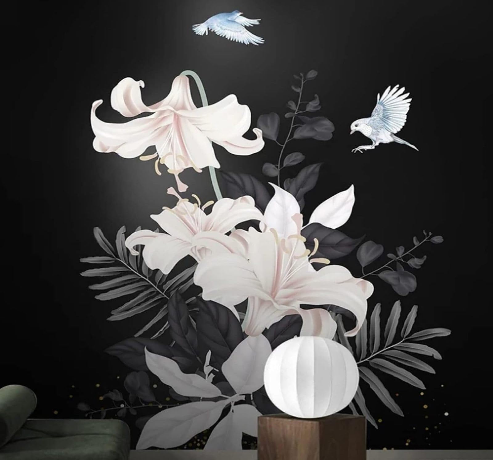 Hand Drawn Lilies Birds Black Background 3D Wallpaper Easy Install Feature Office Living Room Sofa Bedroom TV Background Wall Decoration-350cm×256cm