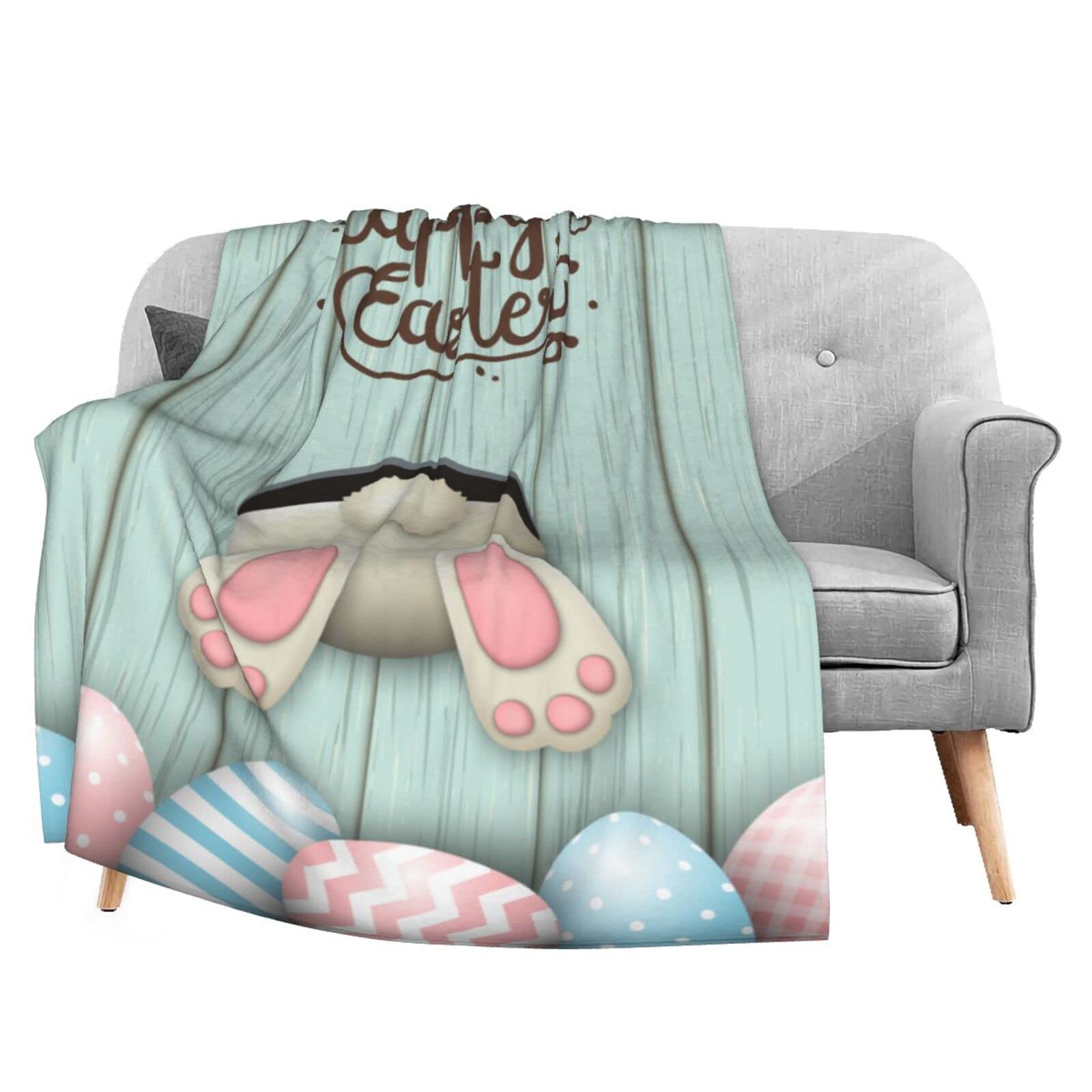 Foruidea Funny Rabbit Easter Pink Blue Eggs Flannel Fleece Throw Blanket Living Room/Bedroom/Sofa Couch Warm Soft Bed Blanket for Kids Adults All Season 50x60 inch