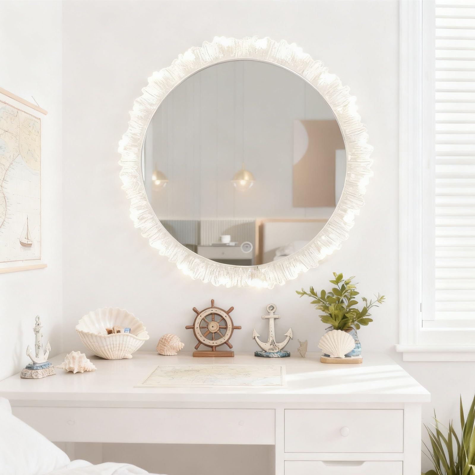 Numjeg Wall Mounted Round Sunflower Makeup Mirror Bedroom White LED Light Circular Mirror Bathroom Sink Makeup Crystal Mirrors Home Decor Decoration non-UK socket