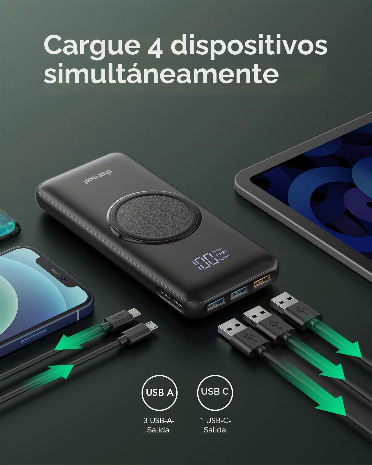 Charmast Power Bank, Wireless Powerbank 20000mAh Induktives Laden Kabellose Ladegerät 22,5W PD/QC 3.0 Externos Handyakkus mit LED Display Kompatibel mit iPhone 17 16 15 14 13 12 Pro max Samsung Huawei