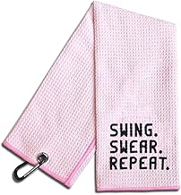 Swing Swear Repeat Embroidered Pink Golf Towel, Funny Towels for Golf Bags with Clip,