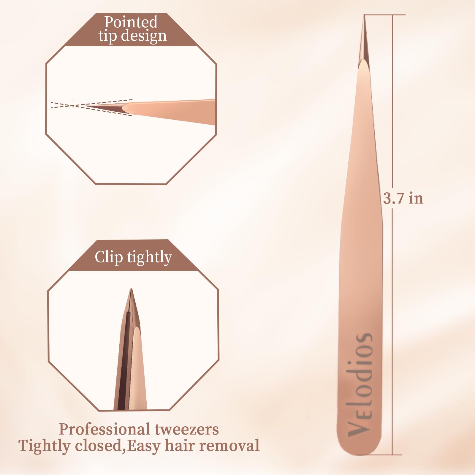 Pinzas de cejas para mujer, pinzas profesionales inclinadas para cejas, vello facial, barbilla y depilación encarnada (oro rosa) (pinzas puntiagudas)