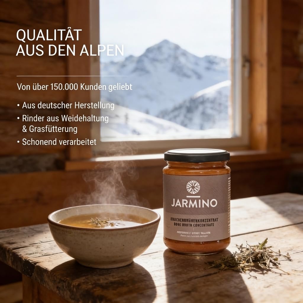 JARMINO Bio Rinderknochenbrühe Konzentrat, Grasgefütterte Knochenbrühe mit Kollagenprotein, 440 g