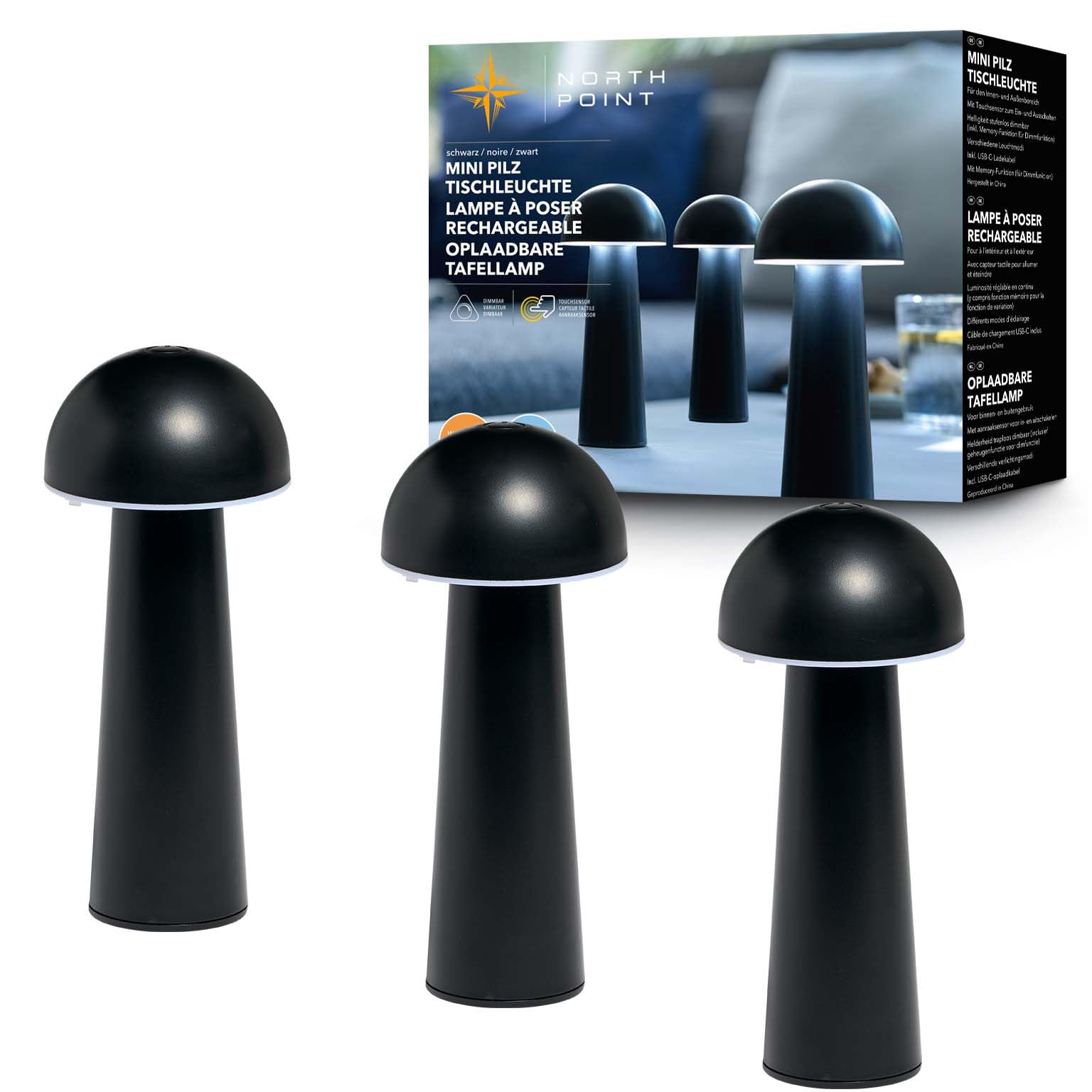 Northpoint Moderne LED Akku Tischleuchte in Pilzform im 3er-Set für den Innen- und Außenbereich stufenlos dimmbar USB-Ladung CCT Farbwechsel (schwarz, Pilzform)