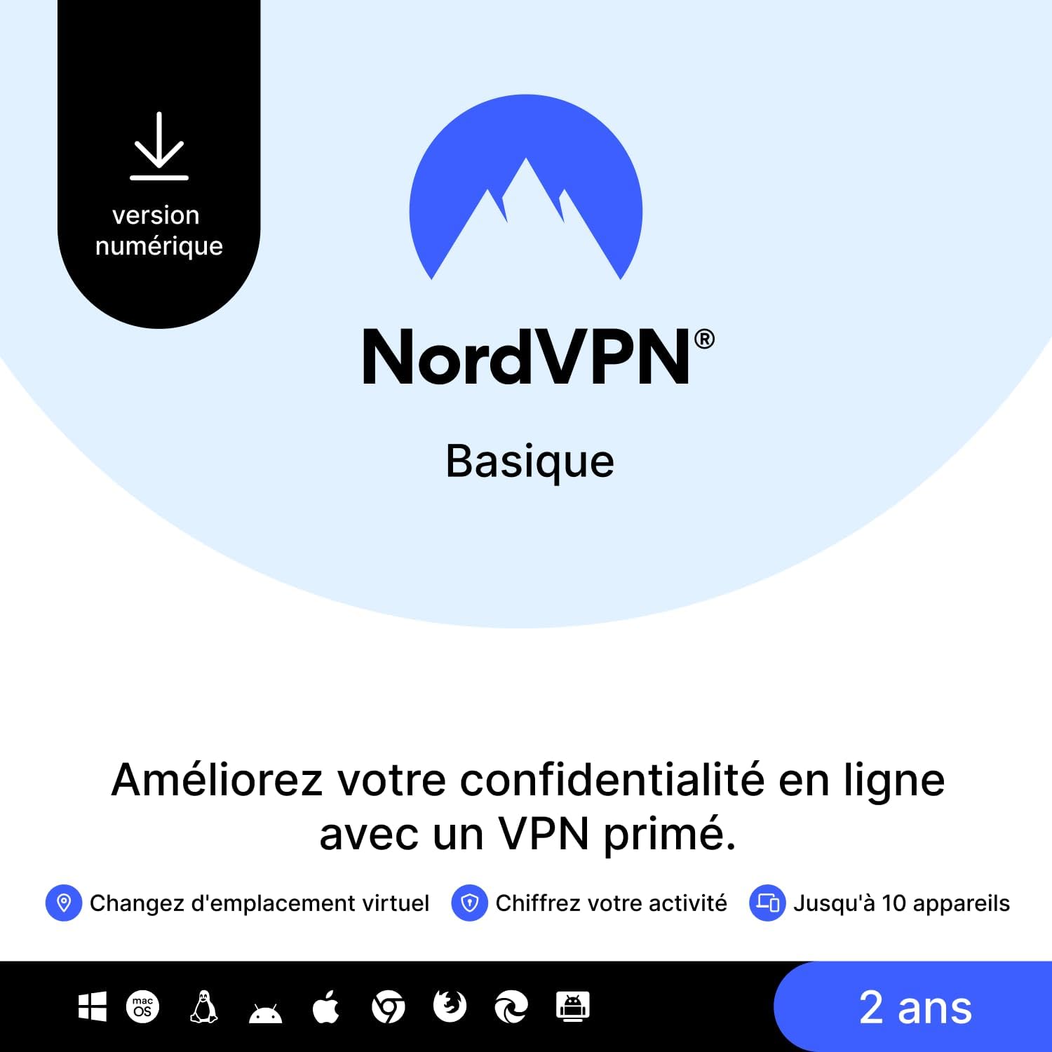 NordVPN Basique - Abonnement 2 Ans, 10 Appareils, Code Numérique