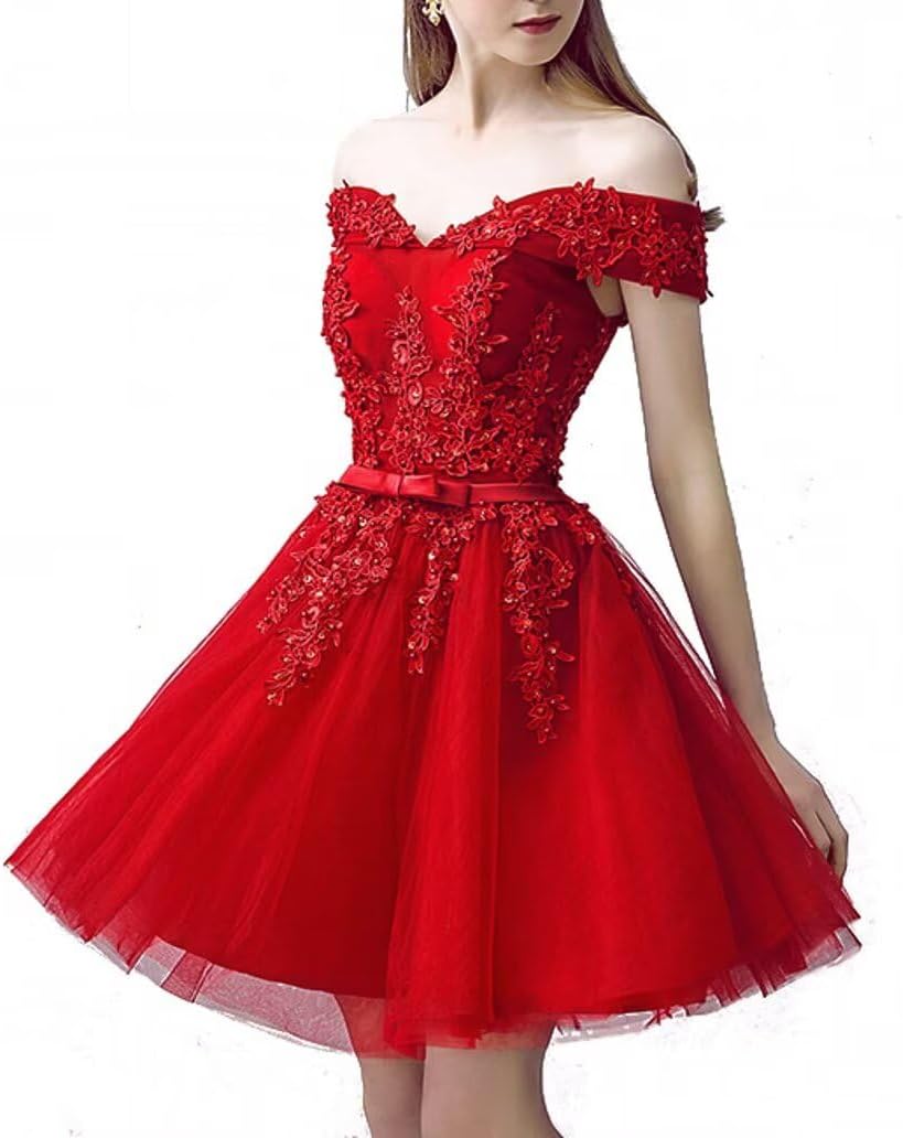 Women's Short Lace Tulle Homecoming Off Shoulder Prom Dresses Aline Cocktail Bridesmaid Gown