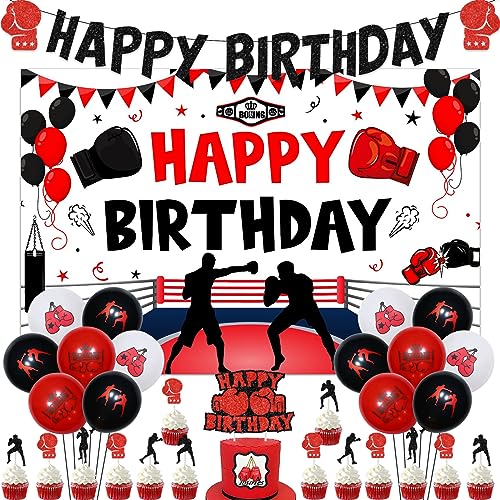 Boxing Birthday Decorations Fight Sports Wrestling Boxer Theme Party Supplies for boys 1 2 3 4 5 Year Old, Black-Red Balloons Backdrop Glitter Cake Toppers