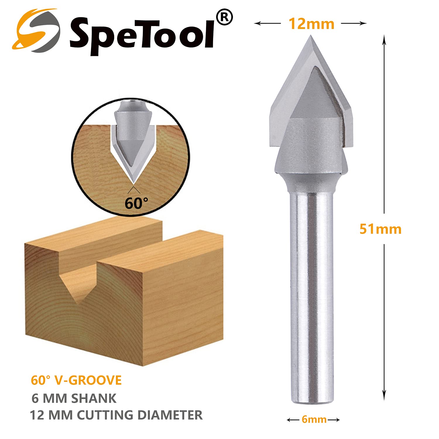 SpeTool Fraise Chanfreiner Diamètre de la Tige 6mm a Rainurer en V 60 Degres pour Gravure CNC Diamètre de Coupe 12mm Fraise V pour Graver Chanfreiner