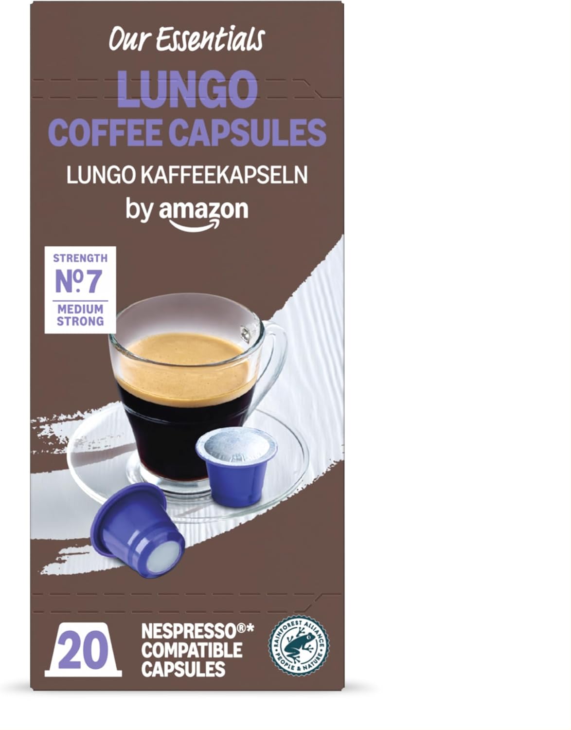 by Amazon Capsule in plastica di caffè lungo compatibili con Nespresso, 20 pezzi, confezione da 1, Certificato Rainforest Alliance