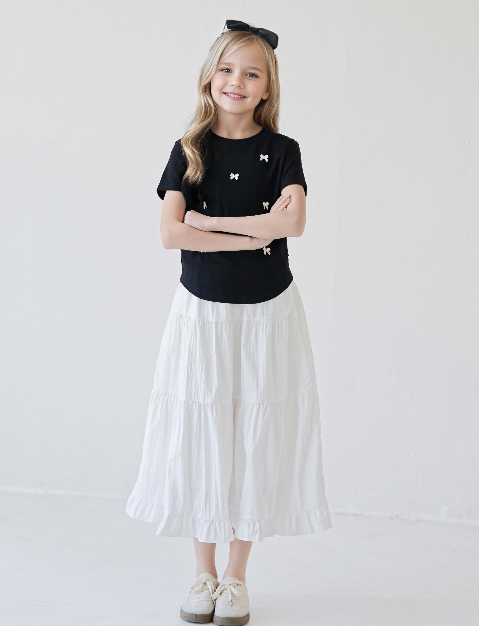 SEAUR Jupe Longue Fille Taille Élastique Élégante Maxi Jupe à Volants D'été Couleur Unie Enfant 130-165=(122-164 UE)