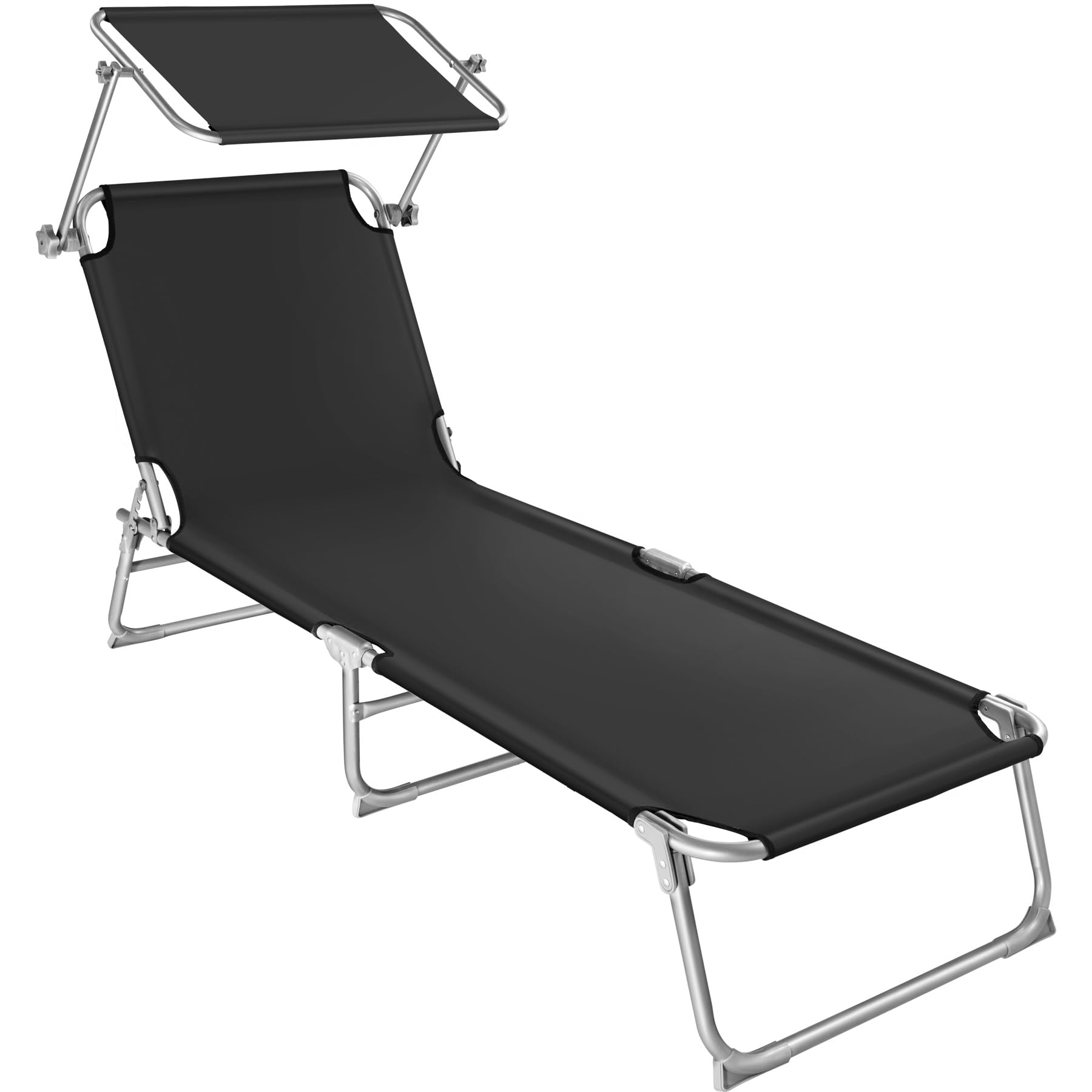 Tectake Black Tectake® Garden Lounger With Sunshade, Folding Sunbed For Garden, Beach, Camping With Adjustable Back Rest And Sunroof, Sun Lounger For Relaxation