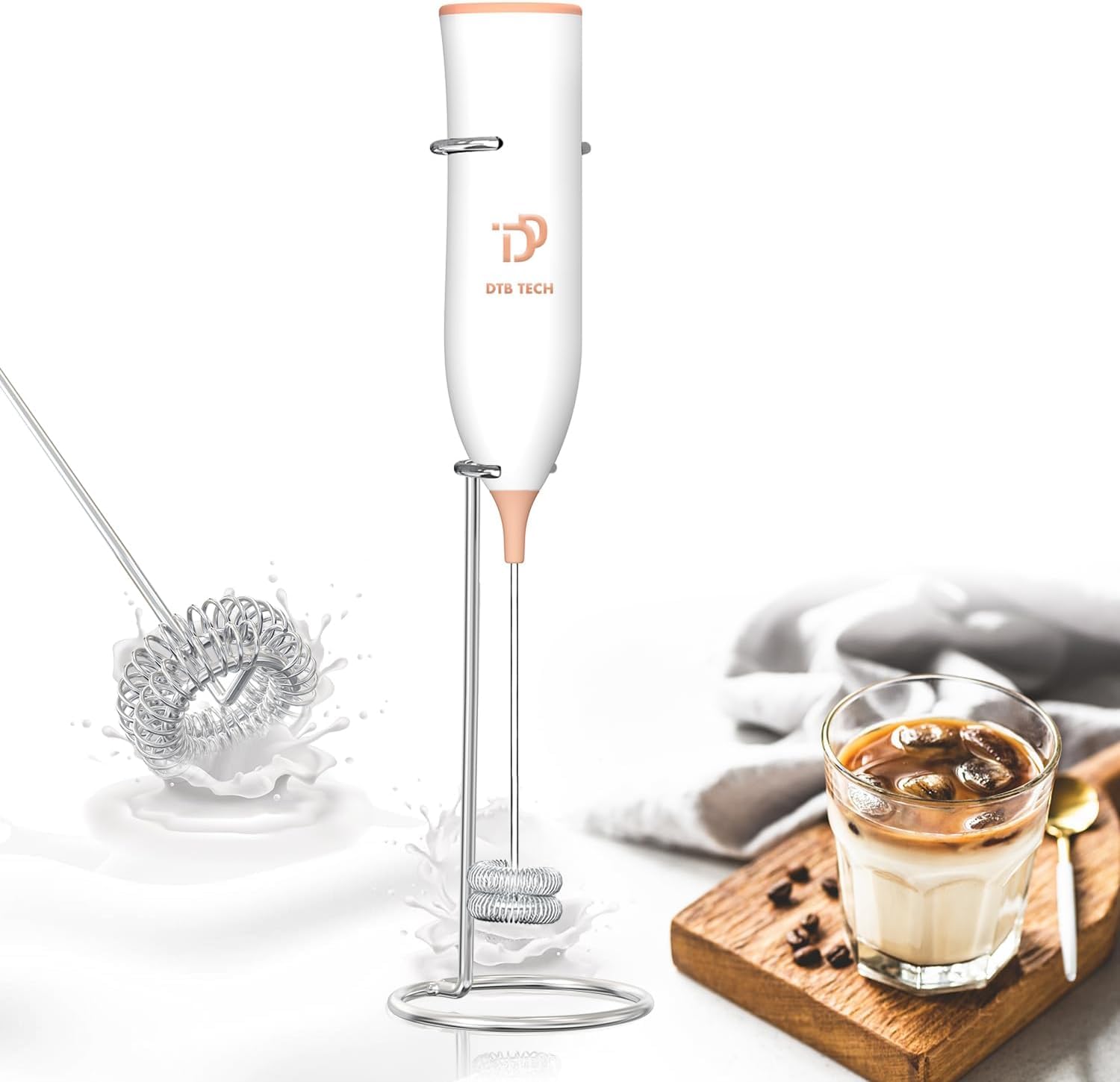 Milk Frother Handheld for Coffee, Electric Milk Frother with Stainless Steel Whisk (White)