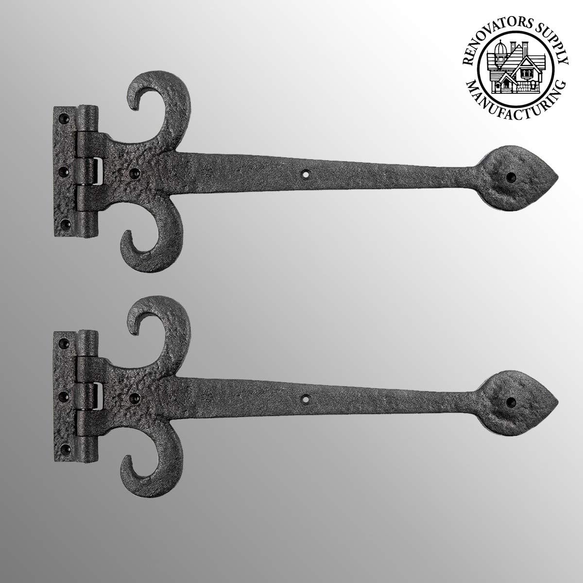 Best Cyber Monday 🔥 Black Wrought Iron Door Strap Hinge 15.5 Long Antique Fleur De Lis Style Rust Resistant Flush Mount Door Hinges for Cabinet Or Barn Doors with Hardware Renovators Supply Manufacturing Pack of 2