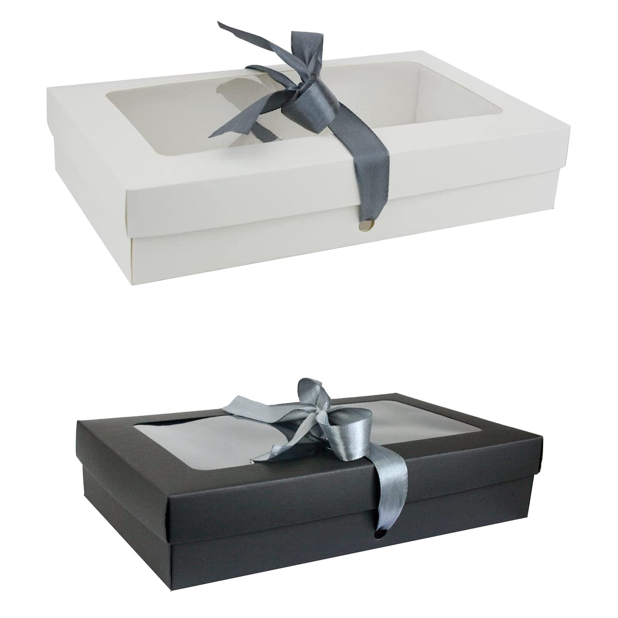 Emartbuy Pack of 12 White and Black Gift Boxes with Clear Window Lid & Grey Satin Ribbon - Small 21.5 x 13.5 x 4.5 cm - Recyclable Kraft Presentation Box for Hampers, Treats, Weddings & Favours