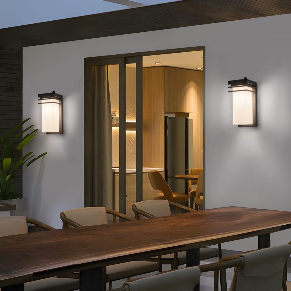 Dusk to Dawn Outdoor Wall Sconce, Black Modern Wall Lights Fixture with White Frosted Glass, 12 inch Exterior Porch Sconce Lighting Wall Mount for House, Patio, E26 Base