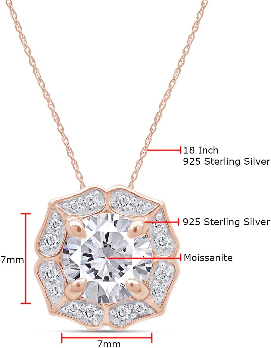 SAVEARTH DIAMONDS Vintage Floral Design, Center 7MM Round Cut Lab Created Moissanite Diamond With Accents Halo Drop Pendant Necklace In 14k Gold Over Sterling Silver, 18" Chain (1.33 Cttw)