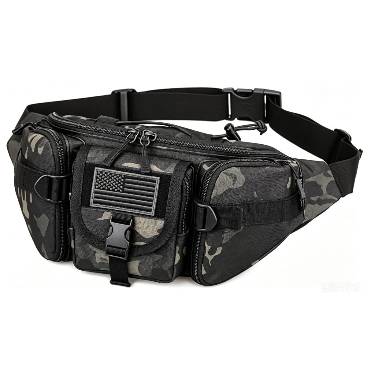 SOWHUP Tactical Military Waist Pack with US Crest for Outdoor Fishing Hiking, Black C (5 Zipped Pockets), S, Tactical Fanny Pack